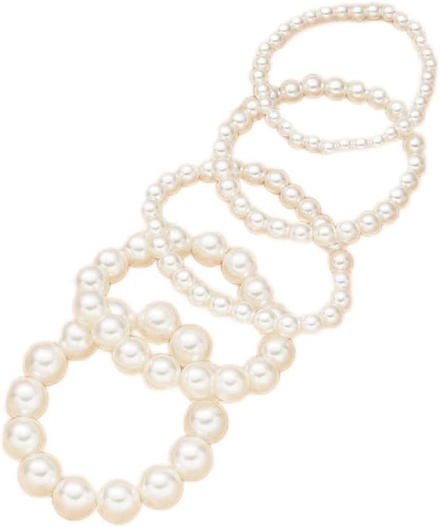 41VFyuYEyvL._AC_SL1001_.jpg Layered Pearl Stretch Bracelets Set for Women Stackable Bracelets for Ladies Multi Layer costume Pearl Bracelet Wedding Bracelets for Bridesmai Brides Bridal Bracelet 5 Pcs - Image 1