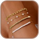 Gold Pearl Beaded Bracelet for Women, 14K Gold Plated  Set With Paperclip Link Chain, Trendy Stack Bracelets