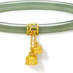 24K Solid Gold Flower Nephrite Hetian Green Jade Bangle Bracelet Round Bracelet Natural Gemstone Floral Lucky Dainty Jewelry for Women Mom Daughter Size