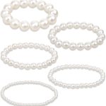 5 Pcs White Pearl Bracelets for Women, White Stretch Bridesmaid Pearl Bracelets Bridal Wedding Elastic Bracelets Stackable Faux Pearl Bracelets for Lady Pearl Beaded Bracelets
