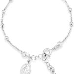 925 Sterling Silver  Rosary Cross Bead Charm Link Chain Bracelet for Women, Adjustable, Made in Italy