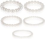 5 PCS Pearl Bracelets for Women, White Elegant Bridesmaid Bracelets Bridal Wedding Stackable Bracelets Faux Pearl Beaded Bracelets White Pearl Bracelet Set for Ladies