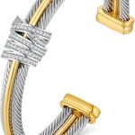 Twisted Cable Wire Cuff Bracelet for Women Gold Silver Two Tone Cuff Bracelets Mixed Metal Statement Bracelet Adjustable