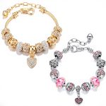 2 Pack Charm Bracelets Pink and Gold Heart Silver Plated Charm Bracelet, DIY  for Women Gifts, with , Crystal, Charms, Love and Adjustable Snake Chain, Fits 7.5"+1.5"
