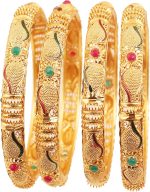 Golden Bangle Collection  Beautifully Carved Conch Shell Inspired Thick  Bangle Bracelets. Set of 4. in Gold Tone for Women
