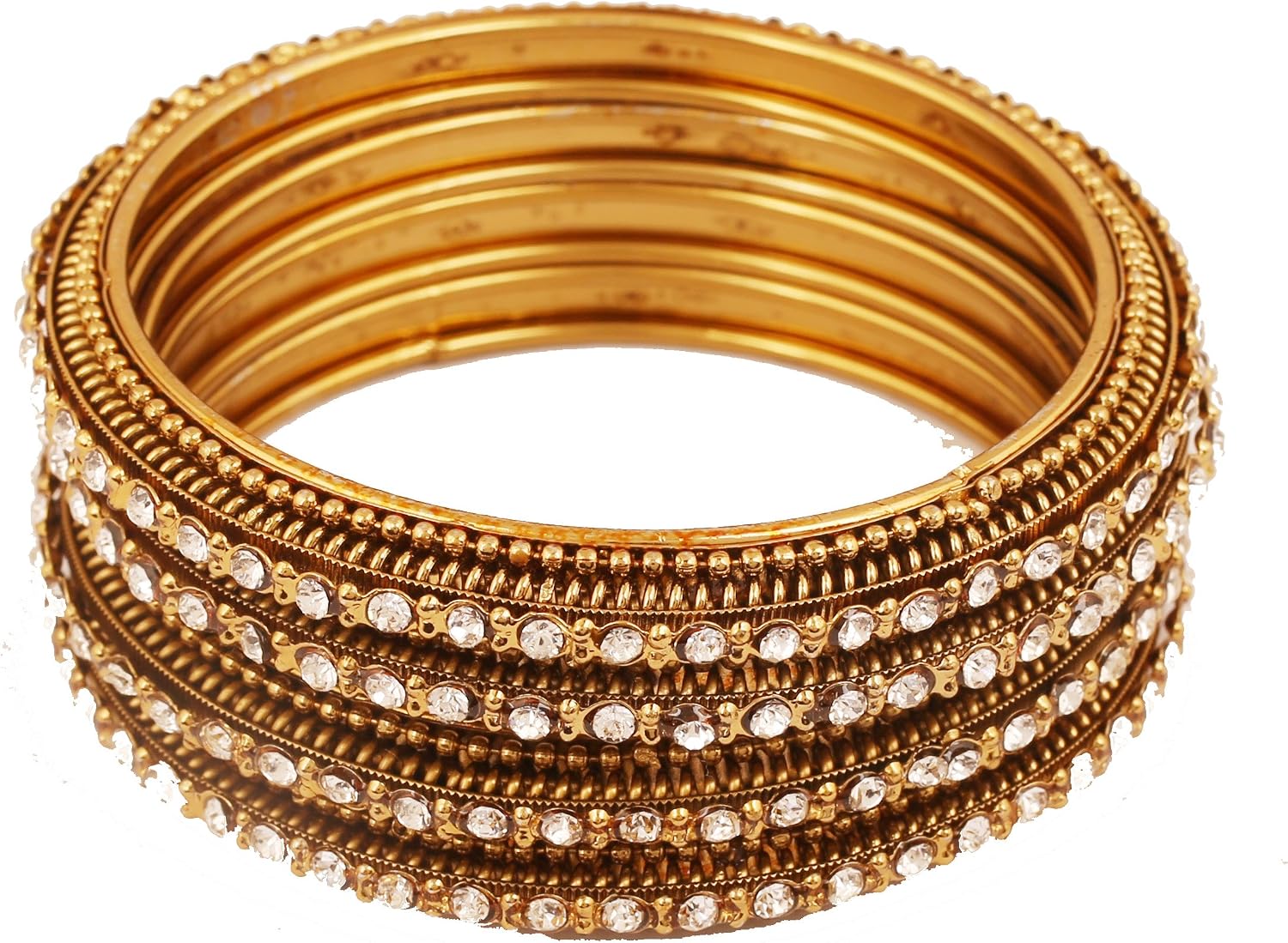 91Id9RabmjL._AC_SL1500_.jpg Rhinestones Grain Work Thick Bangle Bracelets for Women in Antique Gold Or White Tone. - Image 1