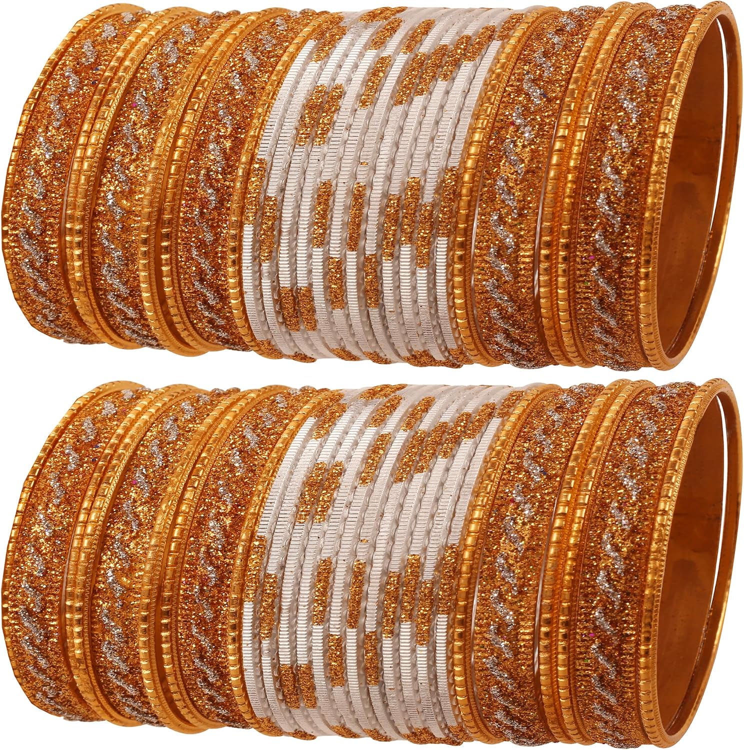 91X0xe7LpgL._AC_SL1500_.jpg Glamorous Fashion Wrist Enhancing Shimmering Golden Glitters Textured Color Bracelets Bangle . Set of 48 in Gold Tone for Women. - Image 1